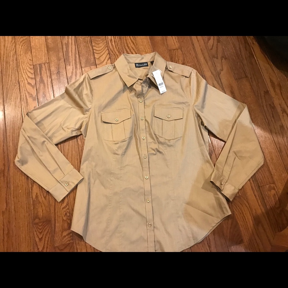 7th Avenue button up tan shirt